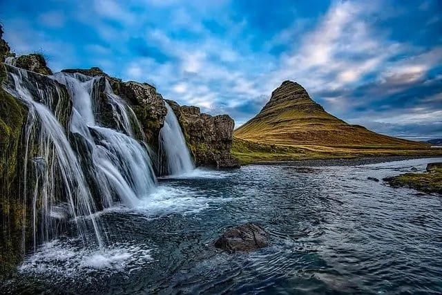 Waterfalls mountains in Iceland