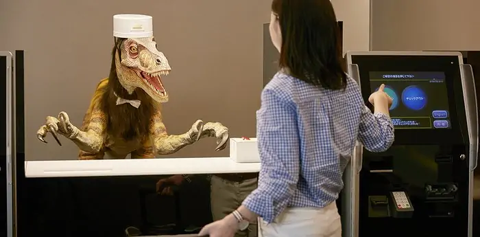 Dinosaur concierge robot hotel in Japan